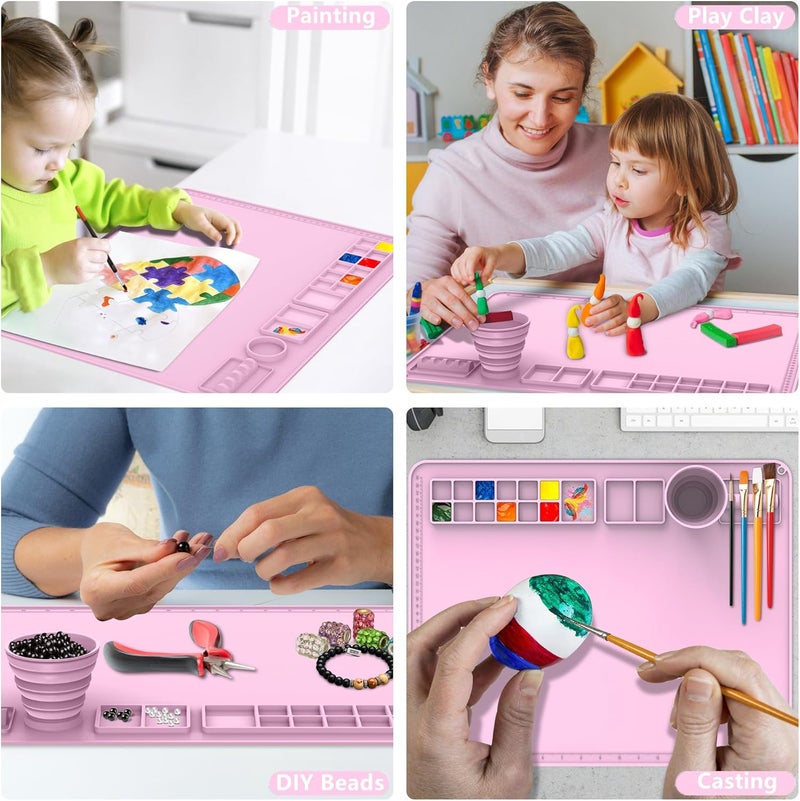 IYYI Silicone Painting Mat, Paint Mat with Cup and Palette, 20"X16" Siliocne Pad for Crafts, Resin, Clay, Kids Art Pad with Raised Edge (Pink) - Image 4